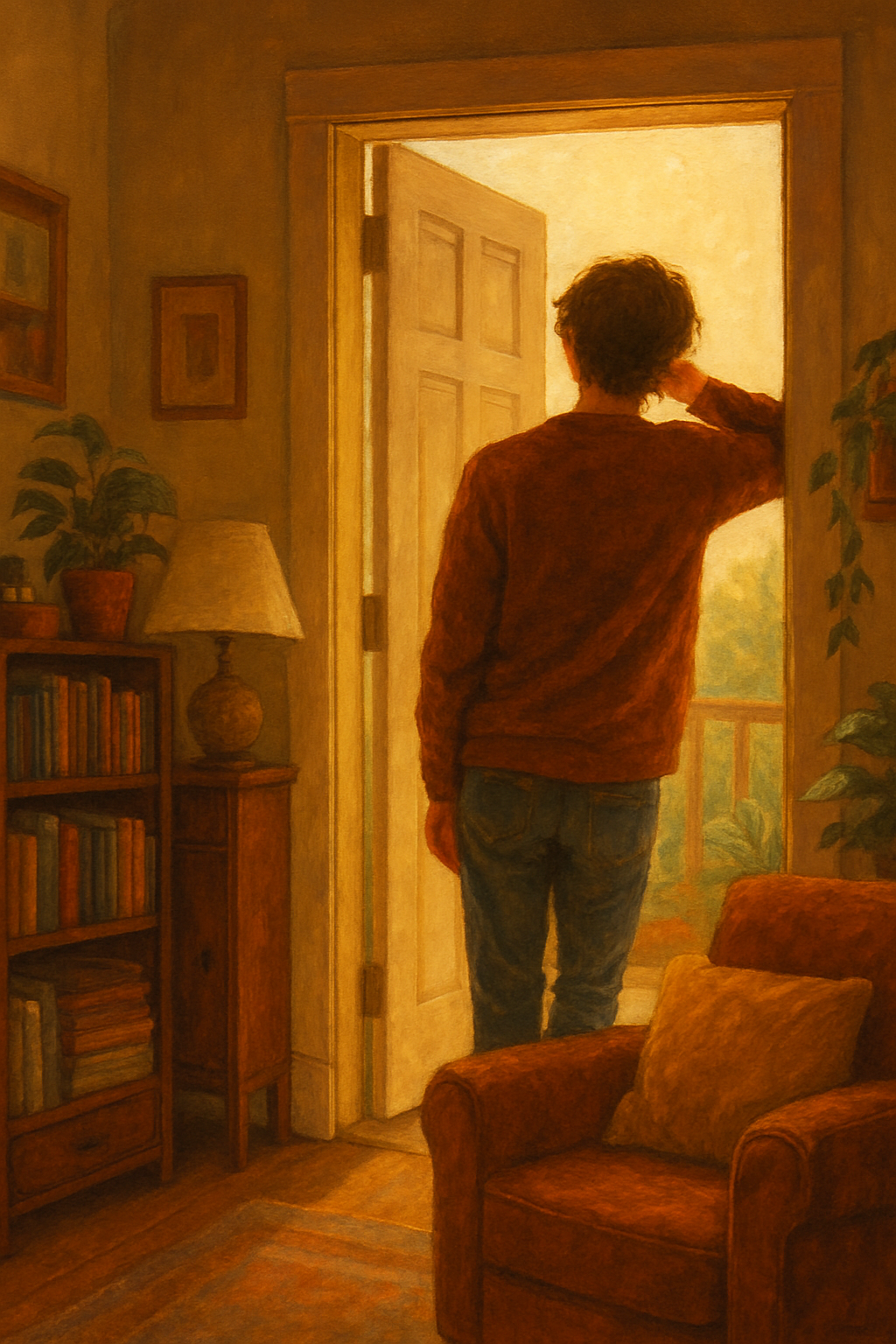 Person standing in a doorway with their back turned, deep in thought.